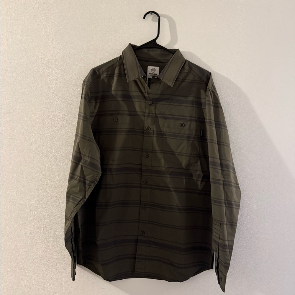 Men’s Flylow Olive Green Striped Button-Up Shirt
